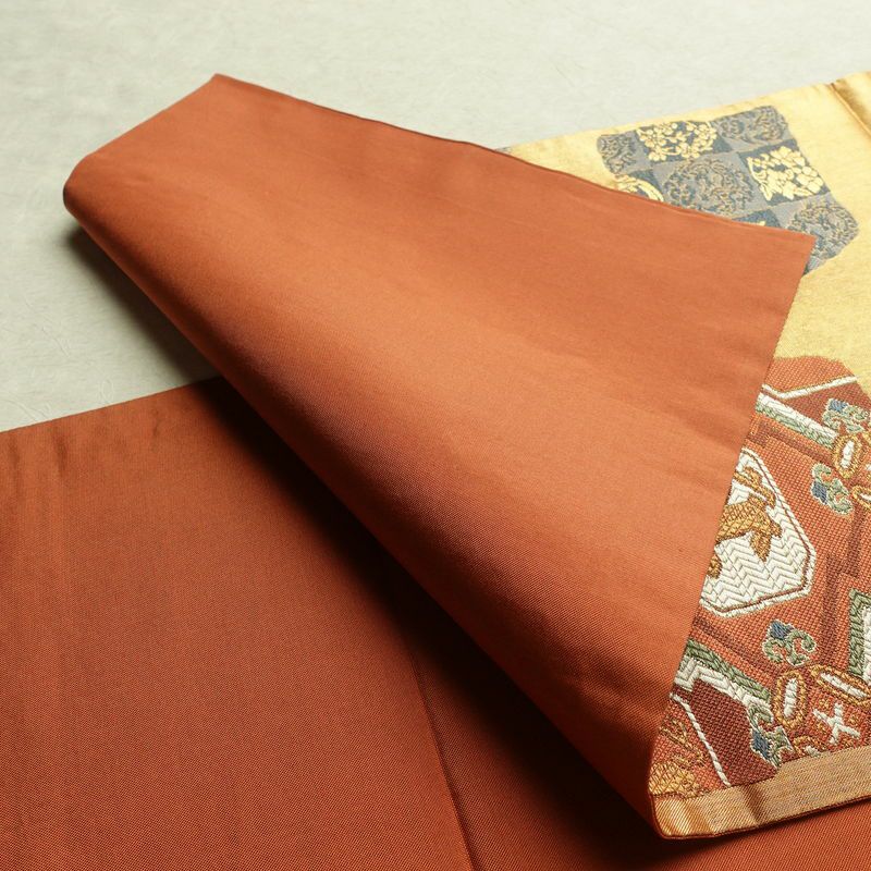 袋帯 利久名物裂 六通柄 良品 フォーマル用 正絹 幾何学柄・抽象柄 箔 金糸 帯 橙_画像9