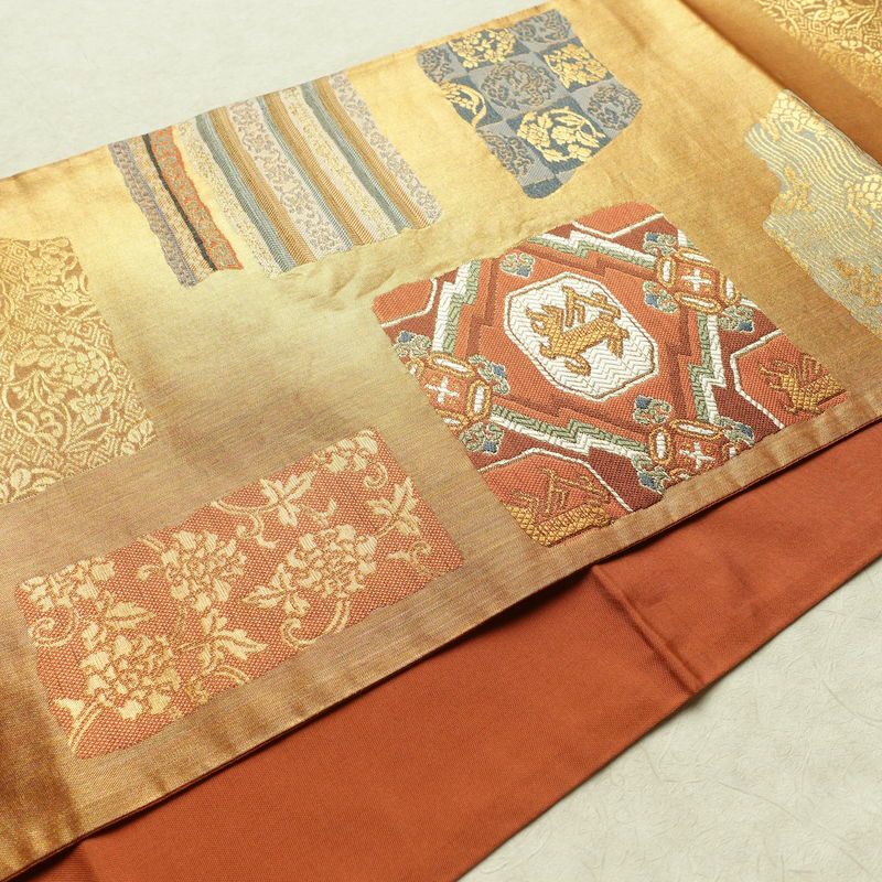 袋帯 利久名物裂 六通柄 良品 フォーマル用 正絹 幾何学柄・抽象柄 箔 金糸 帯 橙_画像11