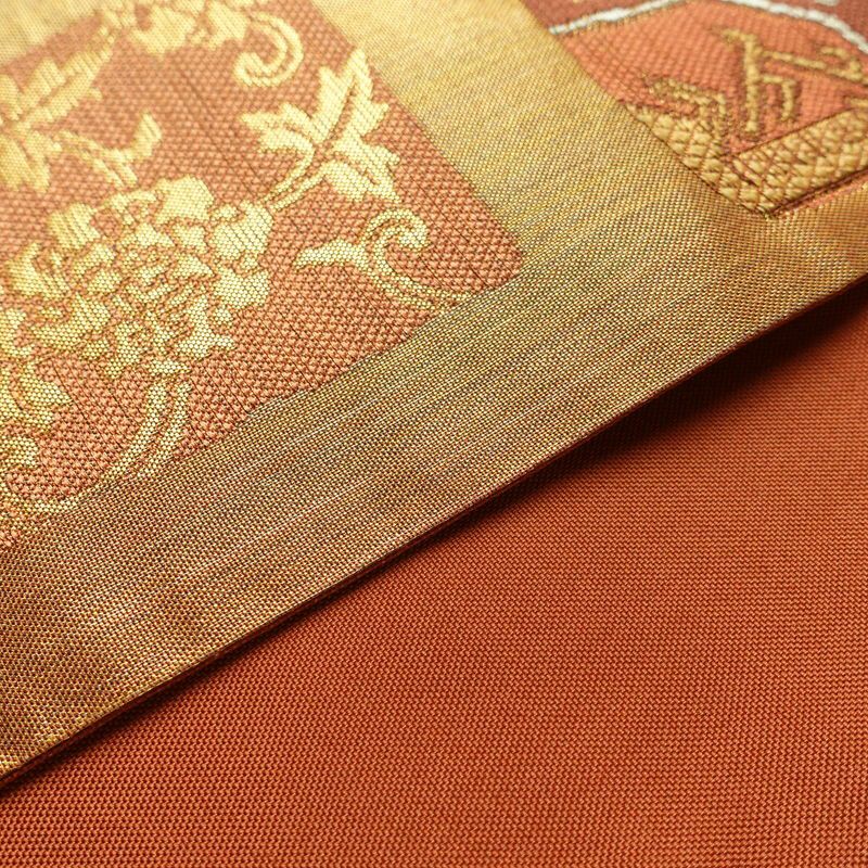 袋帯 利久名物裂 六通柄 良品 フォーマル用 正絹 幾何学柄・抽象柄 箔 金糸 帯 橙_画像12