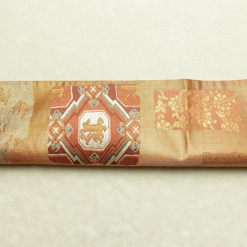 袋帯 利久名物裂 六通柄 良品 フォーマル用 正絹 幾何学柄・抽象柄 箔 金糸 帯 橙_画像15