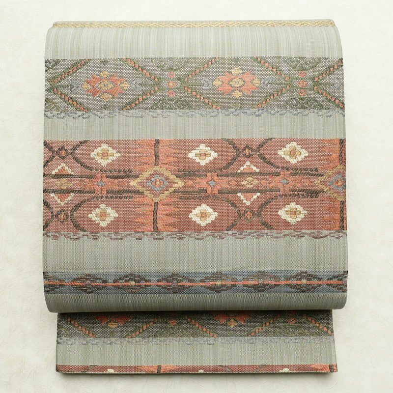 袋帯 六通柄 美品 一般用 正絹 縞柄・線柄 帯 緑・うぐいす色_画像1