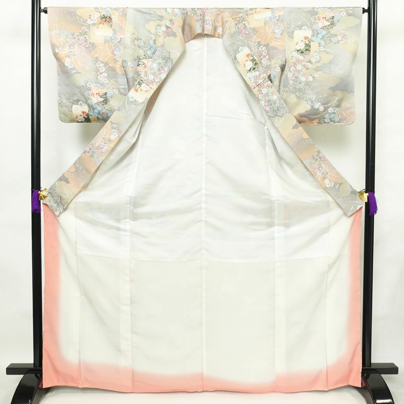 小紋 美品 元禄絵巻 しつけ糸付き 丹後ちりめん 正絹 花柄 袷仕立て 身丈167.5cm 裄丈65.5cm 箔 着物 多色使い_画像3