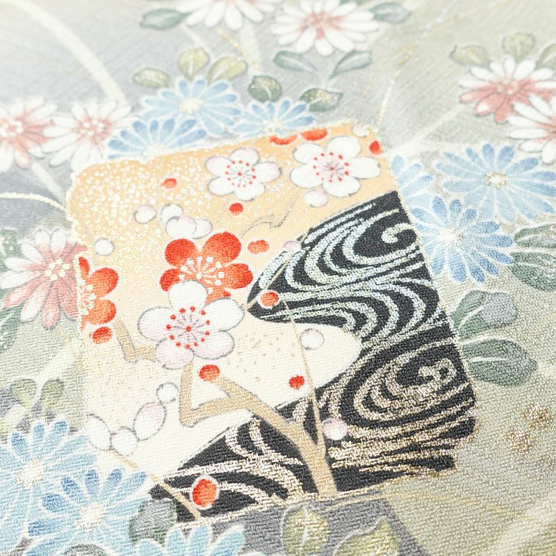 小紋 美品 元禄絵巻 しつけ糸付き 丹後ちりめん 正絹 花柄 袷仕立て 身丈167.5cm 裄丈65.5cm 箔 着物 多色使い_画像8