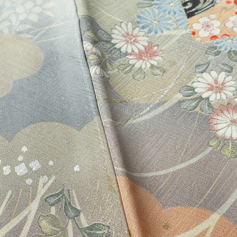 小紋 美品 元禄絵巻 しつけ糸付き 丹後ちりめん 正絹 花柄 袷仕立て 身丈167.5cm 裄丈65.5cm 箔 着物 多色使い_画像12