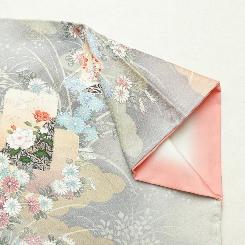 小紋 美品 元禄絵巻 しつけ糸付き 丹後ちりめん 正絹 花柄 袷仕立て 身丈167.5cm 裄丈65.5cm 箔 着物 多色使い_画像15