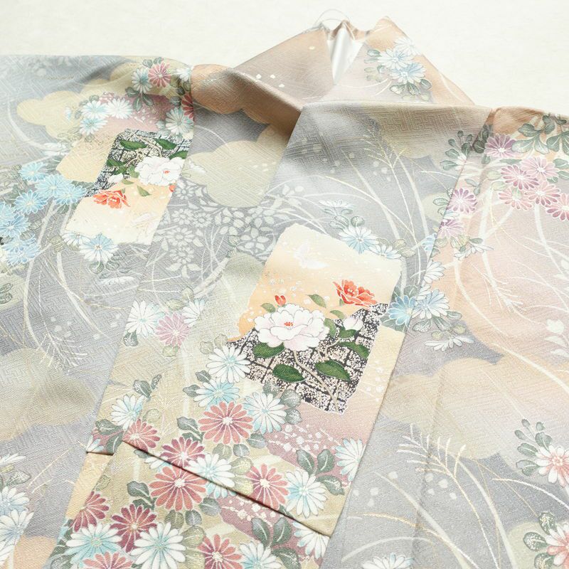 小紋 美品 元禄絵巻 しつけ糸付き 丹後ちりめん 正絹 花柄 袷仕立て 身丈167.5cm 裄丈65.5cm 箔 着物 多色使い_画像17