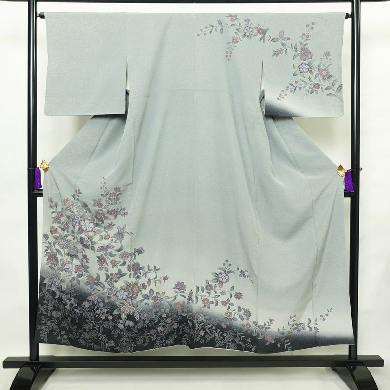 訪問着 縮緬 正絹 花柄 袷仕立て 身丈151.5cm 裄丈65cm 箔 金彩 フォーマル 着物 青・紺_画像1