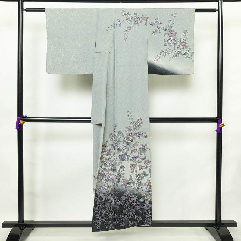 訪問着 縮緬 正絹 花柄 袷仕立て 身丈151.5cm 裄丈65cm 箔 金彩 フォーマル 着物 青・紺_画像2