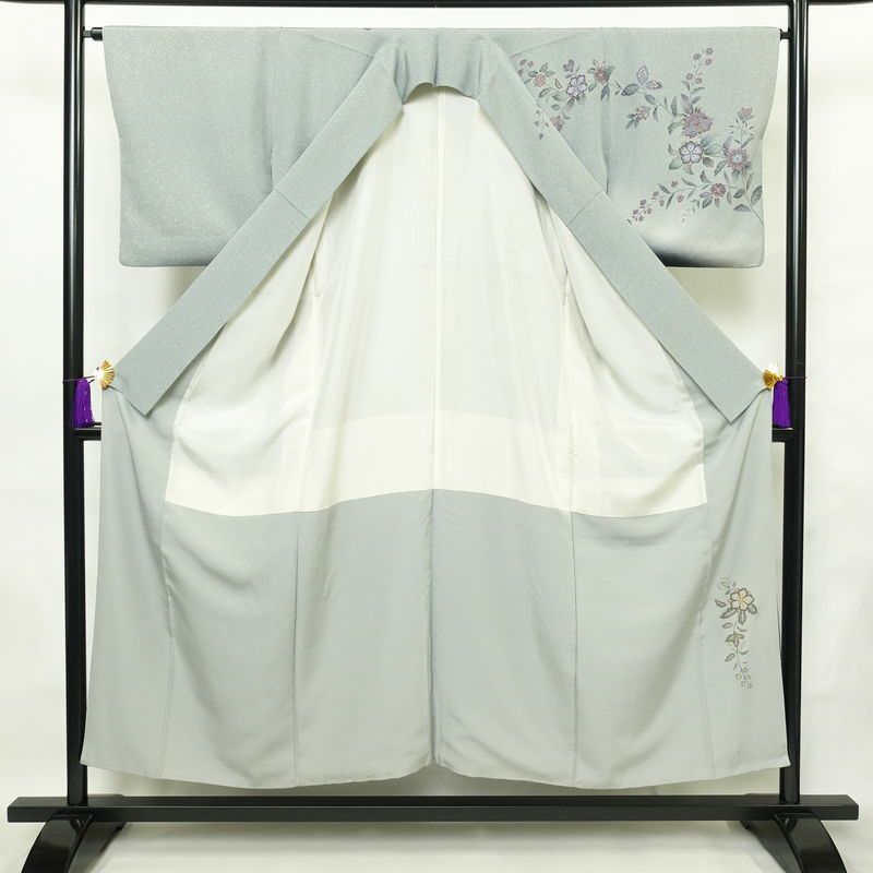 訪問着 縮緬 正絹 花柄 袷仕立て 身丈151.5cm 裄丈65cm 箔 金彩 フォーマル 着物 青・紺_画像3