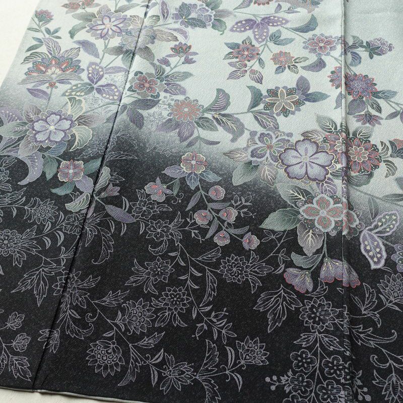 訪問着 縮緬 正絹 花柄 袷仕立て 身丈151.5cm 裄丈65cm 箔 金彩 フォーマル 着物 青・紺_画像4