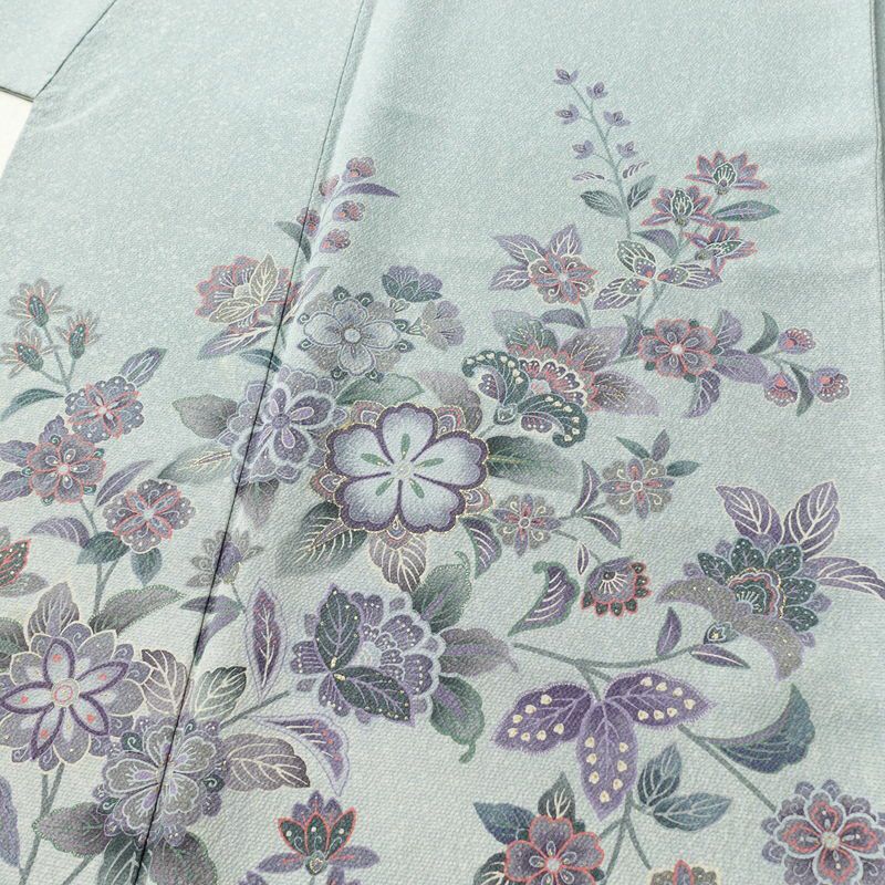 訪問着 縮緬 正絹 花柄 袷仕立て 身丈151.5cm 裄丈65cm 箔 金彩 フォーマル 着物 青・紺_画像5