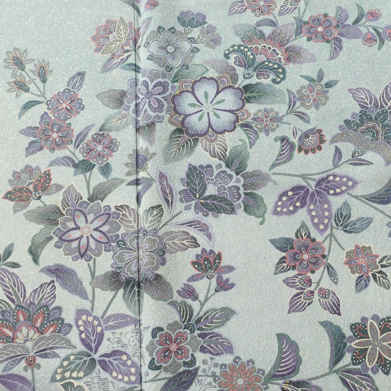 訪問着 縮緬 正絹 花柄 袷仕立て 身丈151.5cm 裄丈65cm 箔 金彩 フォーマル 着物 青・紺_画像6