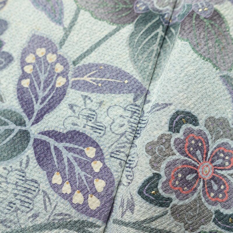 訪問着 縮緬 正絹 花柄 袷仕立て 身丈151.5cm 裄丈65cm 箔 金彩 フォーマル 着物 青・紺_画像9