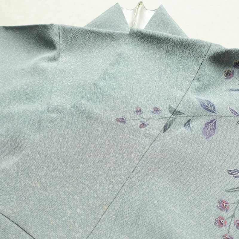 訪問着 縮緬 正絹 花柄 袷仕立て 身丈151.5cm 裄丈65cm 箔 金彩 フォーマル 着物 青・紺_画像15