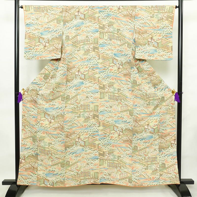 小紋 縮緬 正絹 風景柄 袷仕立て 身丈158.5cm 裄丈65.5cm 着物 多色使い_画像1