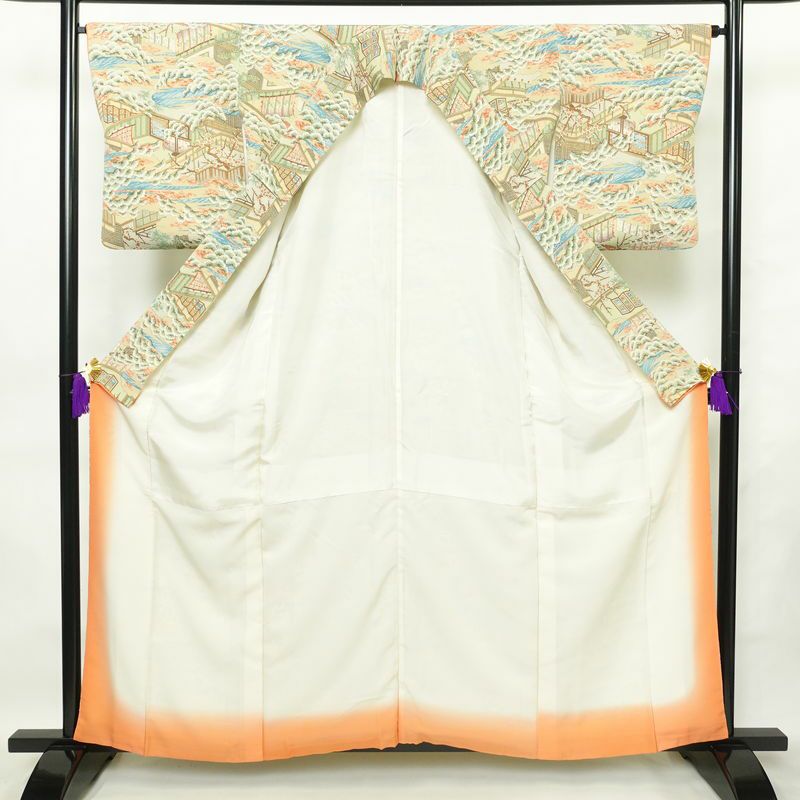 小紋 縮緬 正絹 風景柄 袷仕立て 身丈158.5cm 裄丈65.5cm 着物 多色使い_画像3