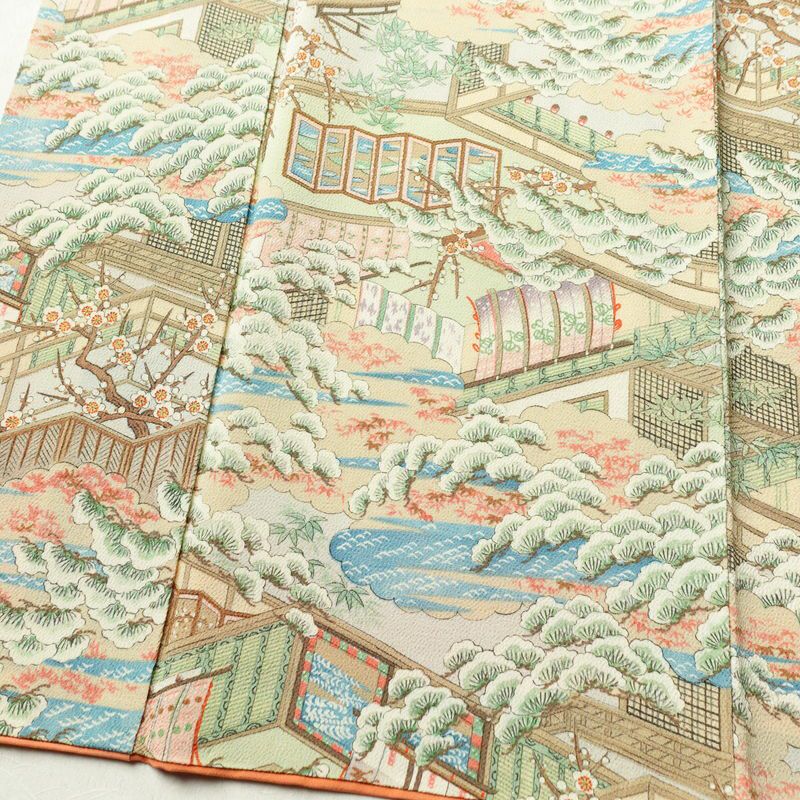 小紋 縮緬 正絹 風景柄 袷仕立て 身丈158.5cm 裄丈65.5cm 着物 多色使い_画像4