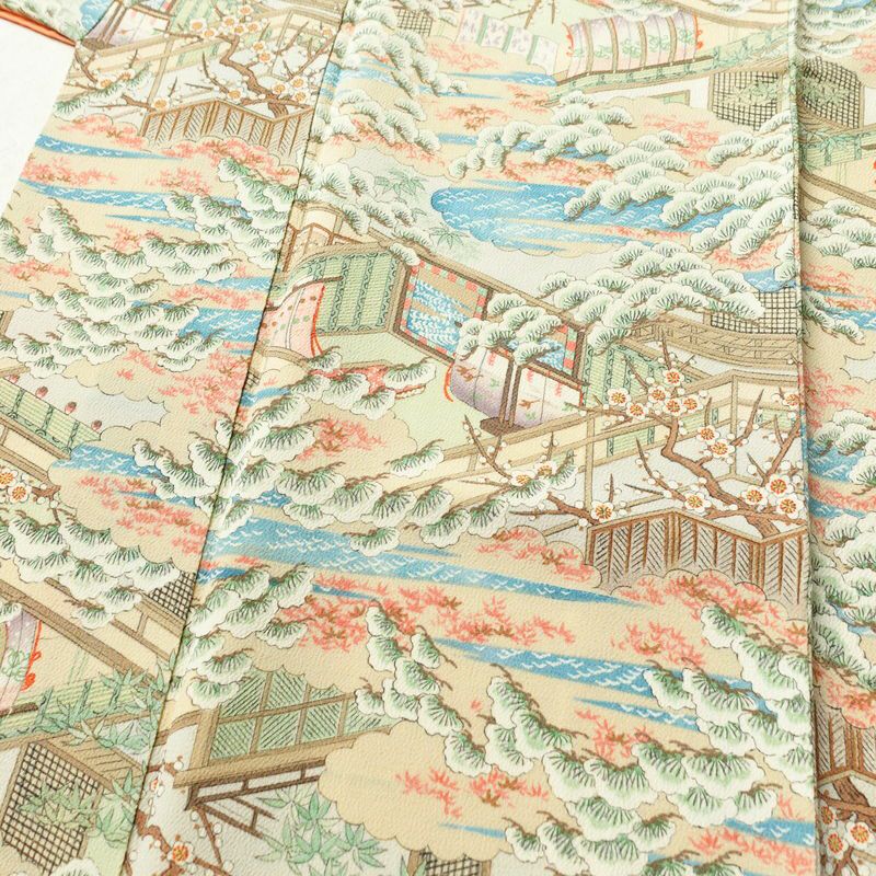 小紋 縮緬 正絹 風景柄 袷仕立て 身丈158.5cm 裄丈65.5cm 着物 多色使い_画像5