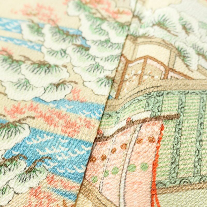 小紋 縮緬 正絹 風景柄 袷仕立て 身丈158.5cm 裄丈65.5cm 着物 多色使い_画像10