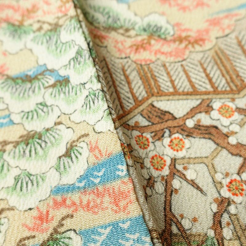 小紋 縮緬 正絹 風景柄 袷仕立て 身丈158.5cm 裄丈65.5cm 着物 多色使い_画像11