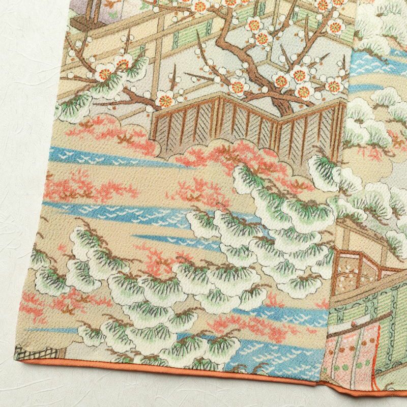 小紋 縮緬 正絹 風景柄 袷仕立て 身丈158.5cm 裄丈65.5cm 着物 多色使い_画像13