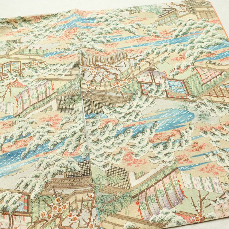 小紋 縮緬 正絹 風景柄 袷仕立て 身丈158.5cm 裄丈65.5cm 着物 多色使い_画像14