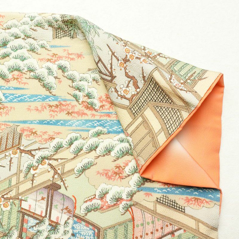 小紋 縮緬 正絹 風景柄 袷仕立て 身丈158.5cm 裄丈65.5cm 着物 多色使い_画像15