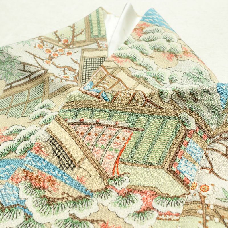 小紋 縮緬 正絹 風景柄 袷仕立て 身丈158.5cm 裄丈65.5cm 着物 多色使い_画像18