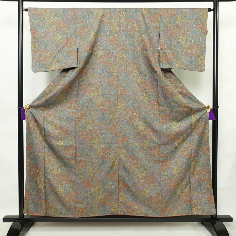 小紋 良品 しつけ糸付き 総柄 ポリエステル 幾何学柄・抽象柄 袷仕立て 身丈158.5cm 裄丈65cm 着物 多色使い_画像1