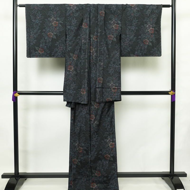 大島紬 良品 アンサンブル しつけ糸付き セット品 正絹 花柄 袷仕立て 身丈170cm 裄丈66cm 着物 青・紺_画像1