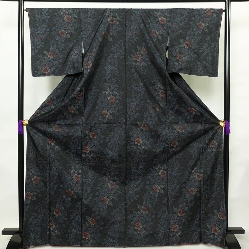 大島紬 良品 アンサンブル しつけ糸付き セット品 正絹 花柄 袷仕立て 身丈170cm 裄丈66cm 着物 青・紺_画像2