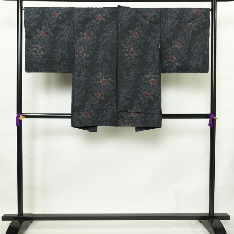 大島紬 良品 アンサンブル しつけ糸付き セット品 正絹 花柄 袷仕立て 身丈170cm 裄丈66cm 着物 青・紺_画像4