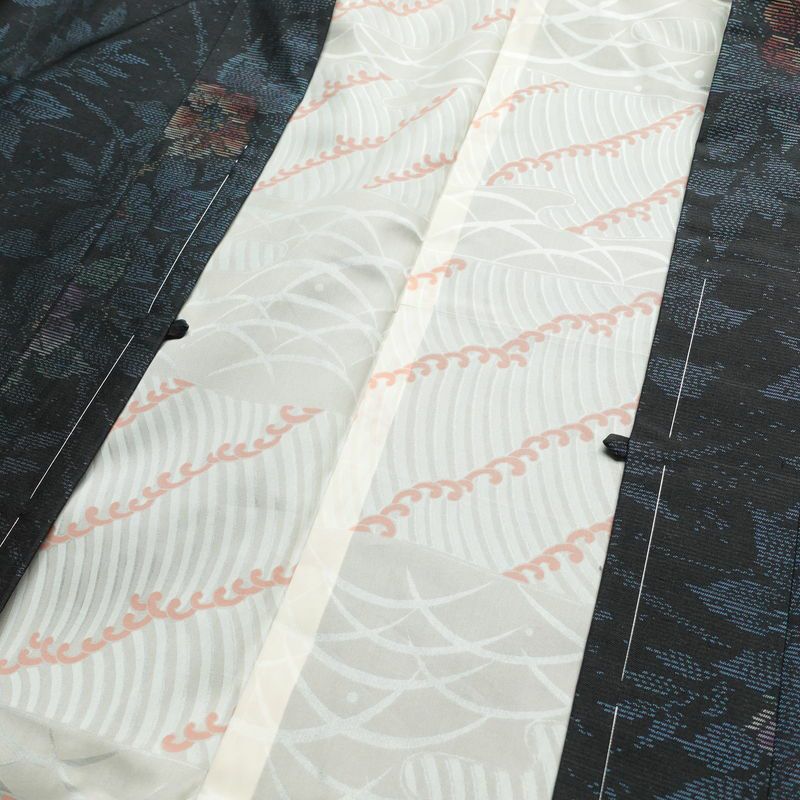 大島紬 良品 アンサンブル しつけ糸付き セット品 正絹 花柄 袷仕立て 身丈170cm 裄丈66cm 着物 青・紺_画像18