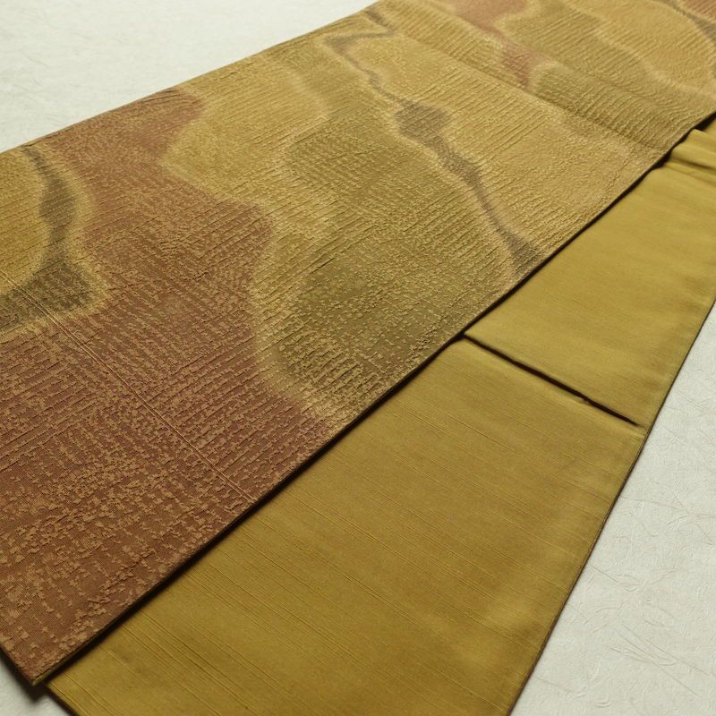 袋帯 全通柄 良品 一般用 正絹 流水・波柄 帯 黄・黄土色_画像8
