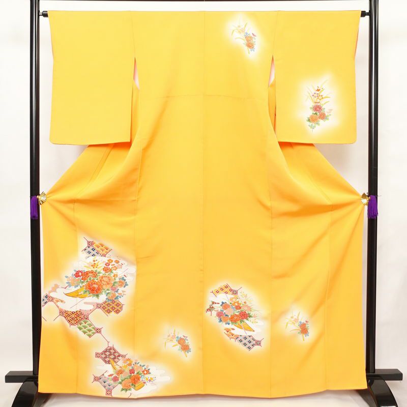 付け下げ 正絹 花柄 袷仕立て 身丈165cm 裄丈64.5cm 箔 金彩 フォーマル 着物 黄・黄土色_画像1