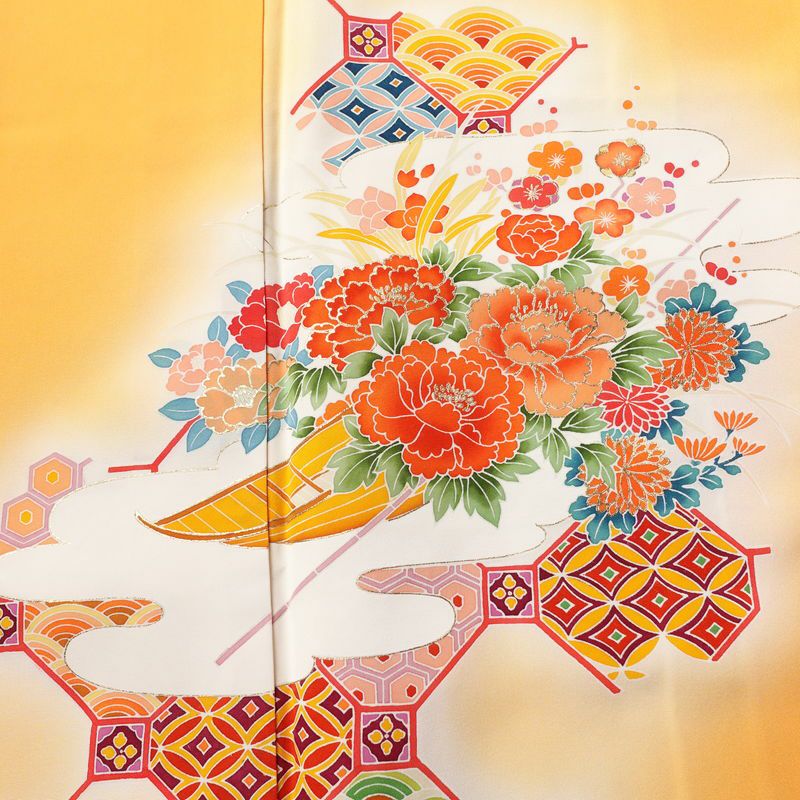 付け下げ 正絹 花柄 袷仕立て 身丈165cm 裄丈64.5cm 箔 金彩 フォーマル 着物 黄・黄土色_画像6