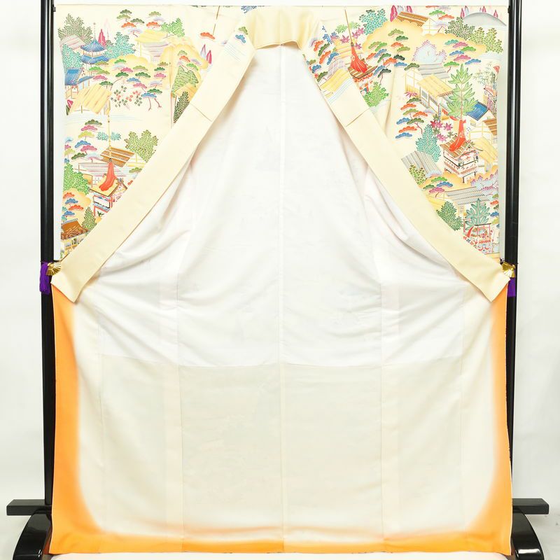 振袖 正絹 風景柄 袷仕立て 身丈172.5cm 裄丈67cm 箔 金彩 フォーマル 二十歳 レトロ 着物 クリーム_画像3