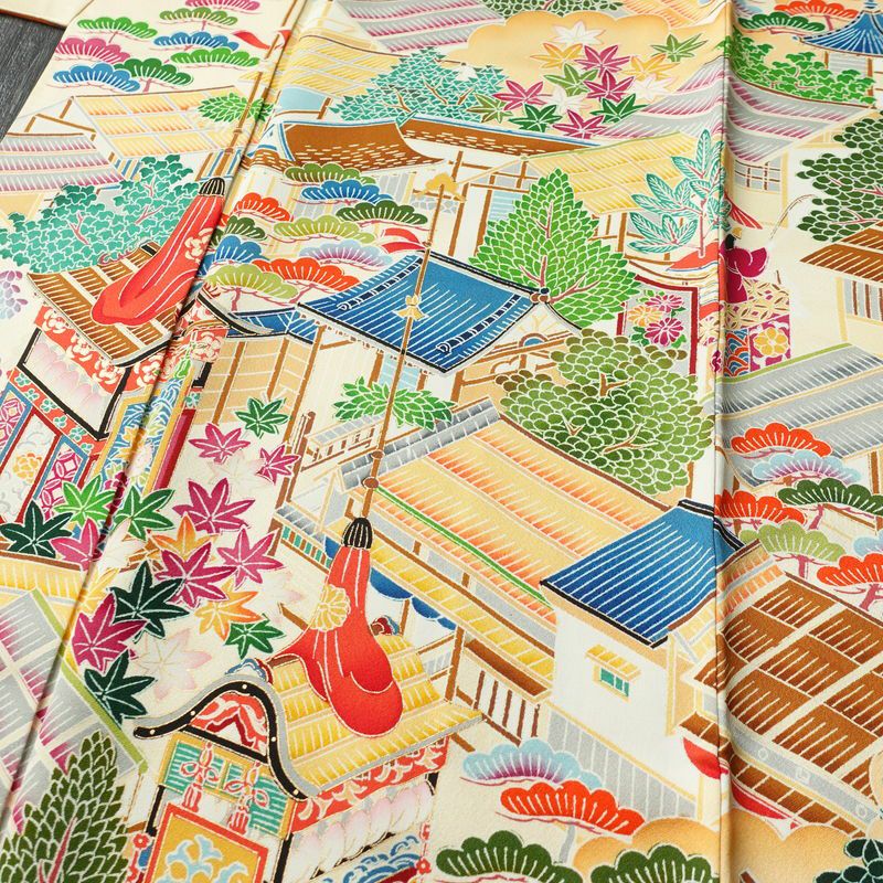 振袖 正絹 風景柄 袷仕立て 身丈172.5cm 裄丈67cm 箔 金彩 フォーマル 二十歳 レトロ 着物 クリーム_画像5