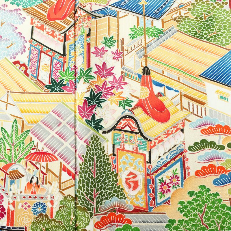 振袖 正絹 風景柄 袷仕立て 身丈172.5cm 裄丈67cm 箔 金彩 フォーマル 二十歳 レトロ 着物 クリーム_画像6