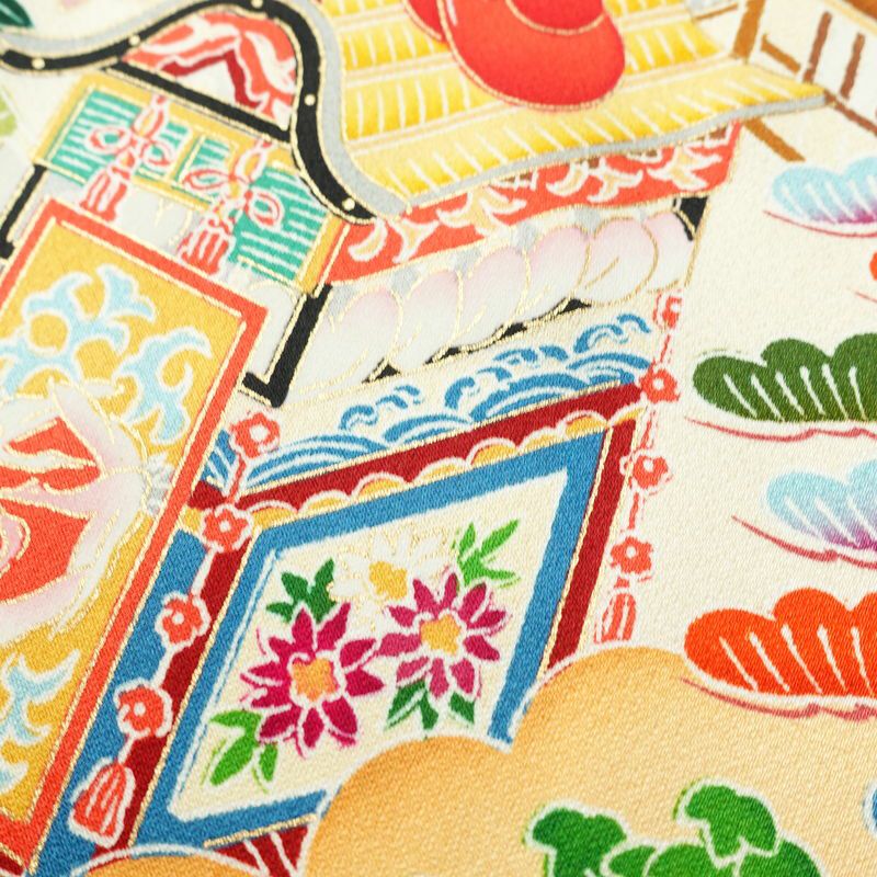 振袖 正絹 風景柄 袷仕立て 身丈172.5cm 裄丈67cm 箔 金彩 フォーマル 二十歳 レトロ 着物 クリーム_画像7