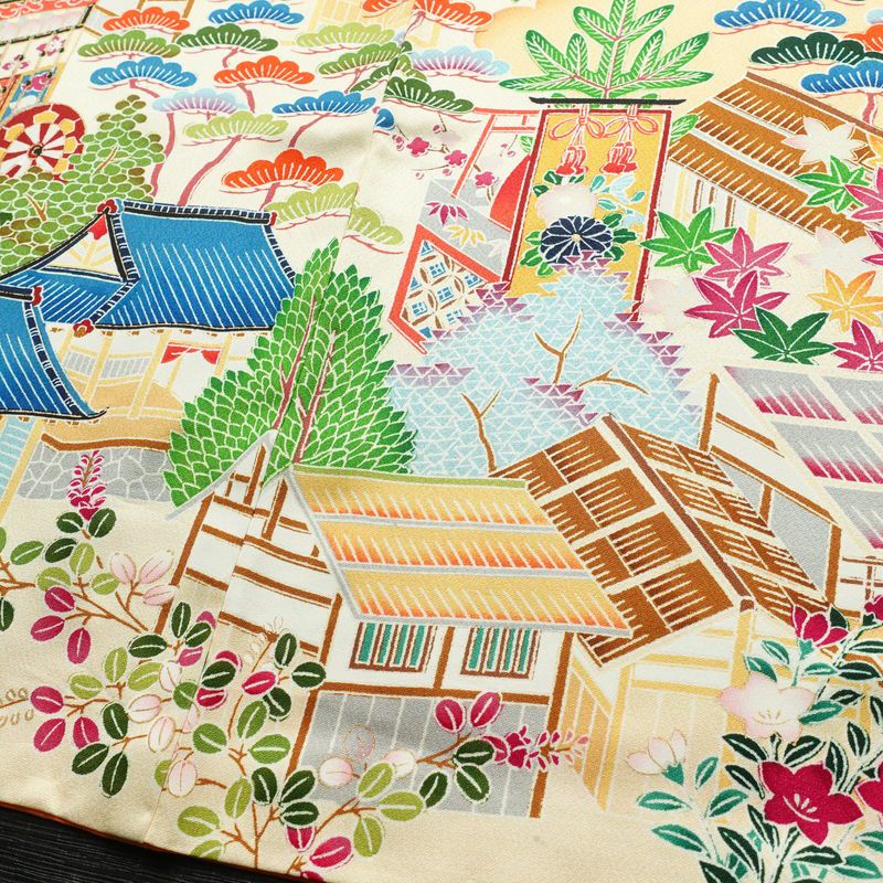 振袖 正絹 風景柄 袷仕立て 身丈172.5cm 裄丈67cm 箔 金彩 フォーマル 二十歳 レトロ 着物 クリーム_画像11