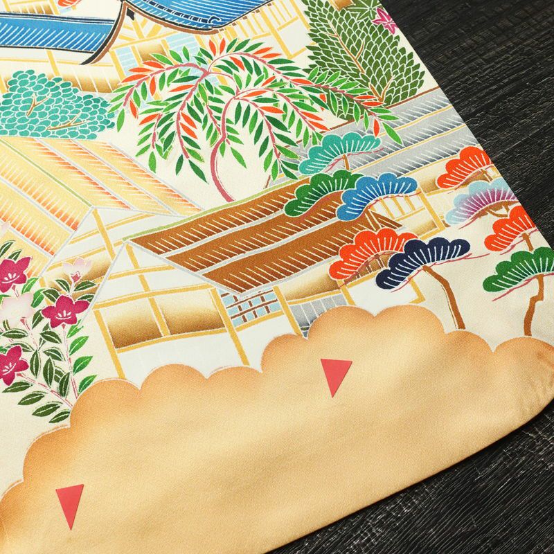 振袖 正絹 風景柄 袷仕立て 身丈172.5cm 裄丈67cm 箔 金彩 フォーマル 二十歳 レトロ 着物 クリーム_画像12