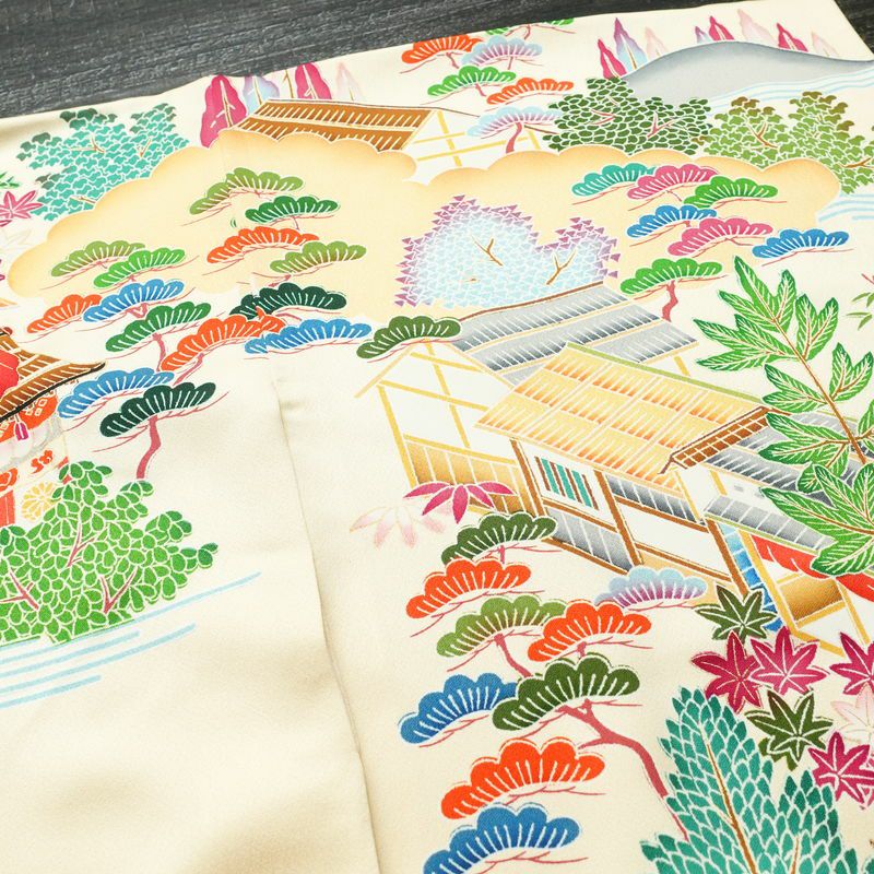 振袖 正絹 風景柄 袷仕立て 身丈172.5cm 裄丈67cm 箔 金彩 フォーマル 二十歳 レトロ 着物 クリーム_画像15