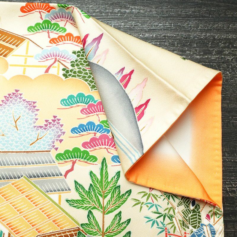 振袖 正絹 風景柄 袷仕立て 身丈172.5cm 裄丈67cm 箔 金彩 フォーマル 二十歳 レトロ 着物 クリーム_画像16