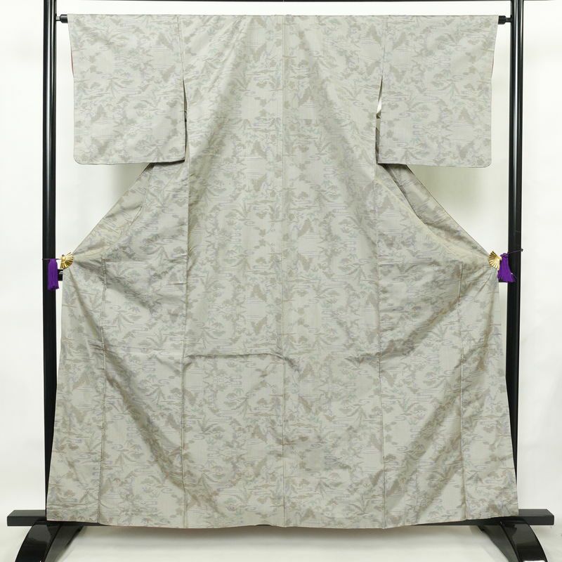 紬 正絹 木の葉・植物柄 袷仕立て 身丈161.5cm 裄丈64.5cm 着物 グレー_画像1