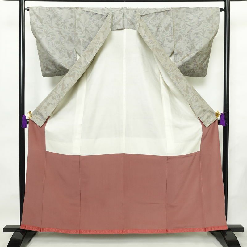 紬 正絹 木の葉・植物柄 袷仕立て 身丈161.5cm 裄丈64.5cm 着物 グレー_画像3