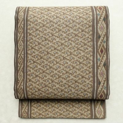 袋帯 六通柄 美品 一般用 正絹 幾何学柄・抽象柄 帯 茶