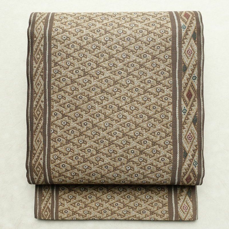 袋帯 六通柄 美品 一般用 正絹 幾何学柄・抽象柄 帯 茶_画像1