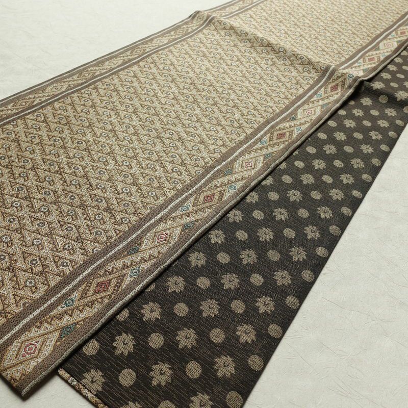 袋帯 六通柄 美品 一般用 正絹 幾何学柄・抽象柄 帯 茶_画像8