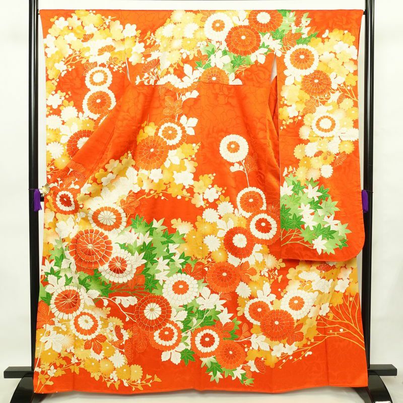 振袖 金駒刺繍 綸子 正絹 花柄 袷仕立て 身丈164cm 裄丈67cm 箔 金彩 フォーマル 着物 橙_画像1
